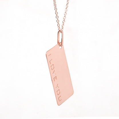 I Love You Dog Tag Pendant in High Polished 14K Gold | Punched Out Block Text