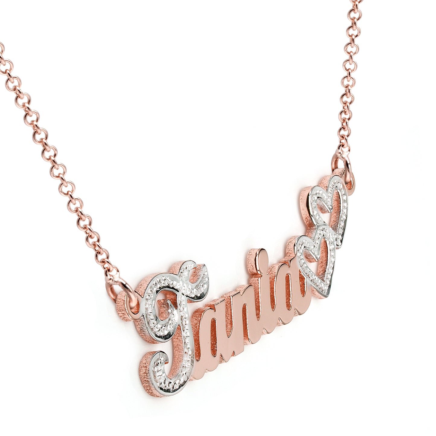 Double Heart Name Plate in 14kt. Gold with Sparkling First Letter