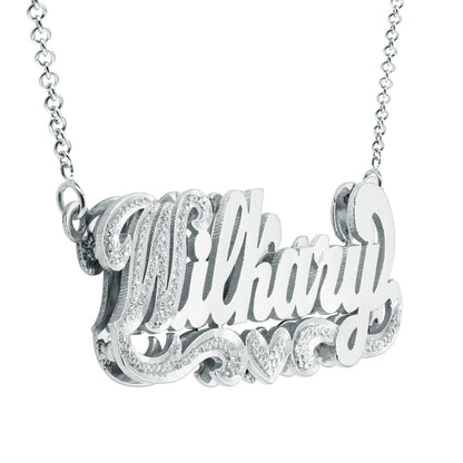 Double Layered Nameplate Necklace with Rhodium Sparkle on First Initial in Sterling Silver