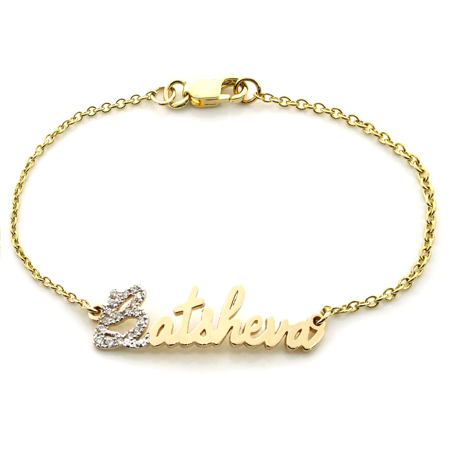 Custom Freestyle Script Name Bracelet with Diamonds and 14K Solid Gold