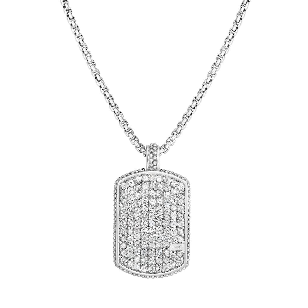 Sterling Silver Long Rectangular Pendant with Precious Stones and Polished Round Box Chain with Lobster Clasp