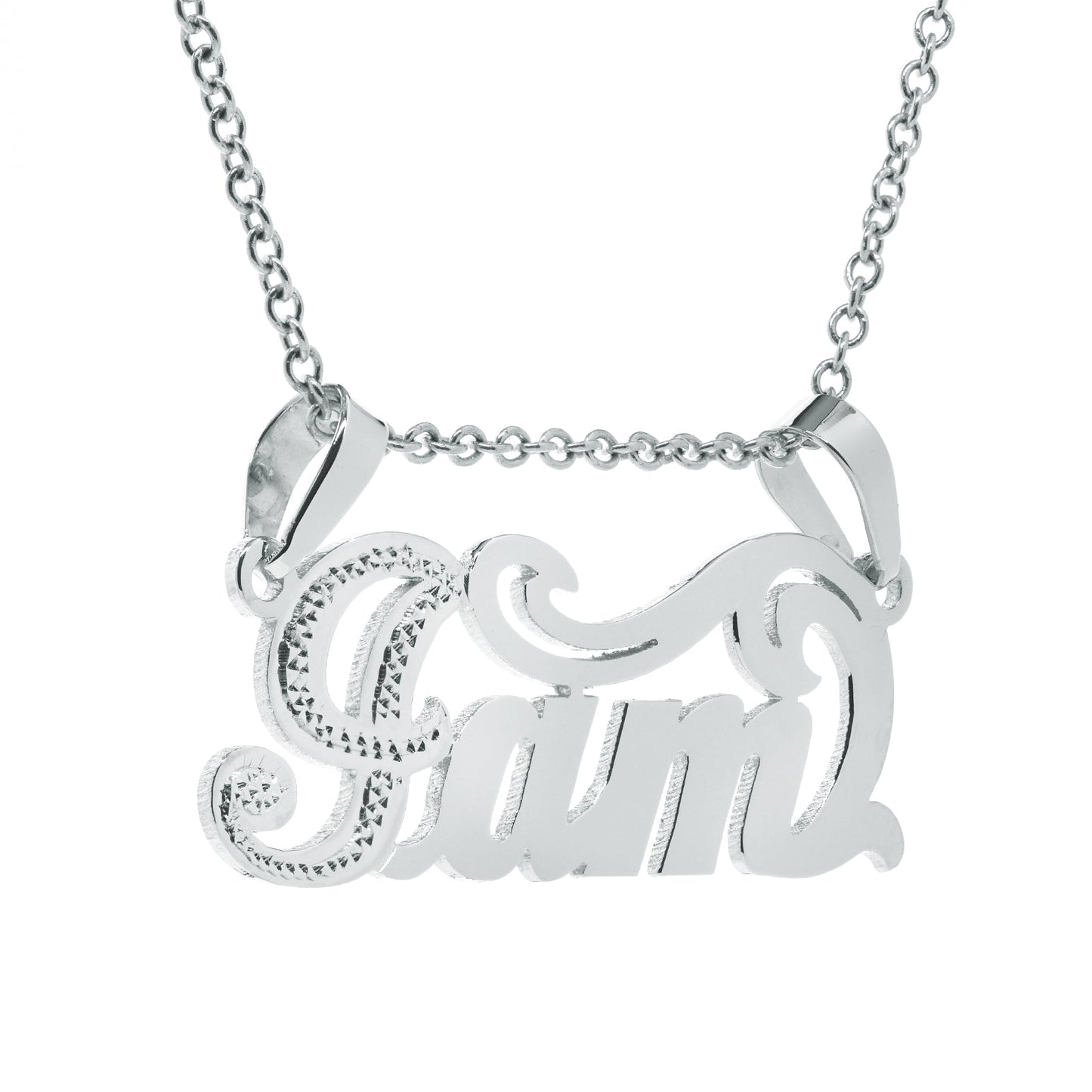 Double Bail Nameplate in Sterling Silver with Rhodium Sparkle