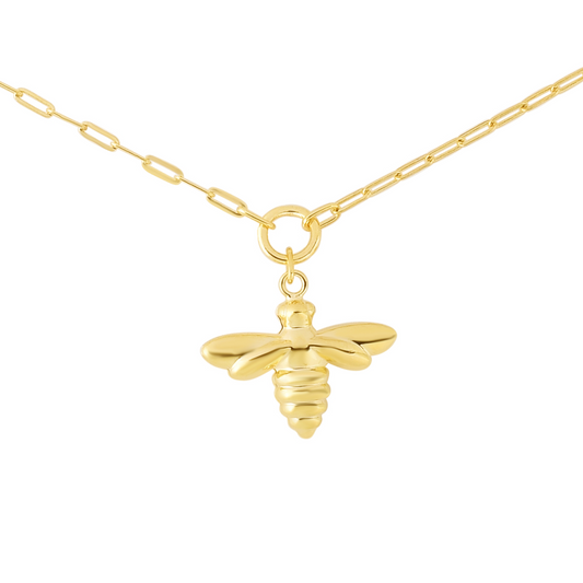 14K Gold Bumblebee Charm Pendant on Paperclip Chain Necklace