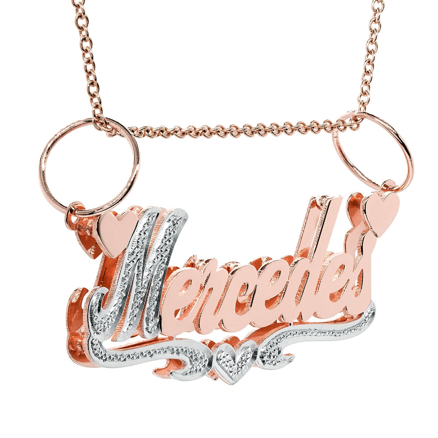 Double Layer Nameplate Pendant with Rhodium Sparkle. Double Bails for Attaching Chain