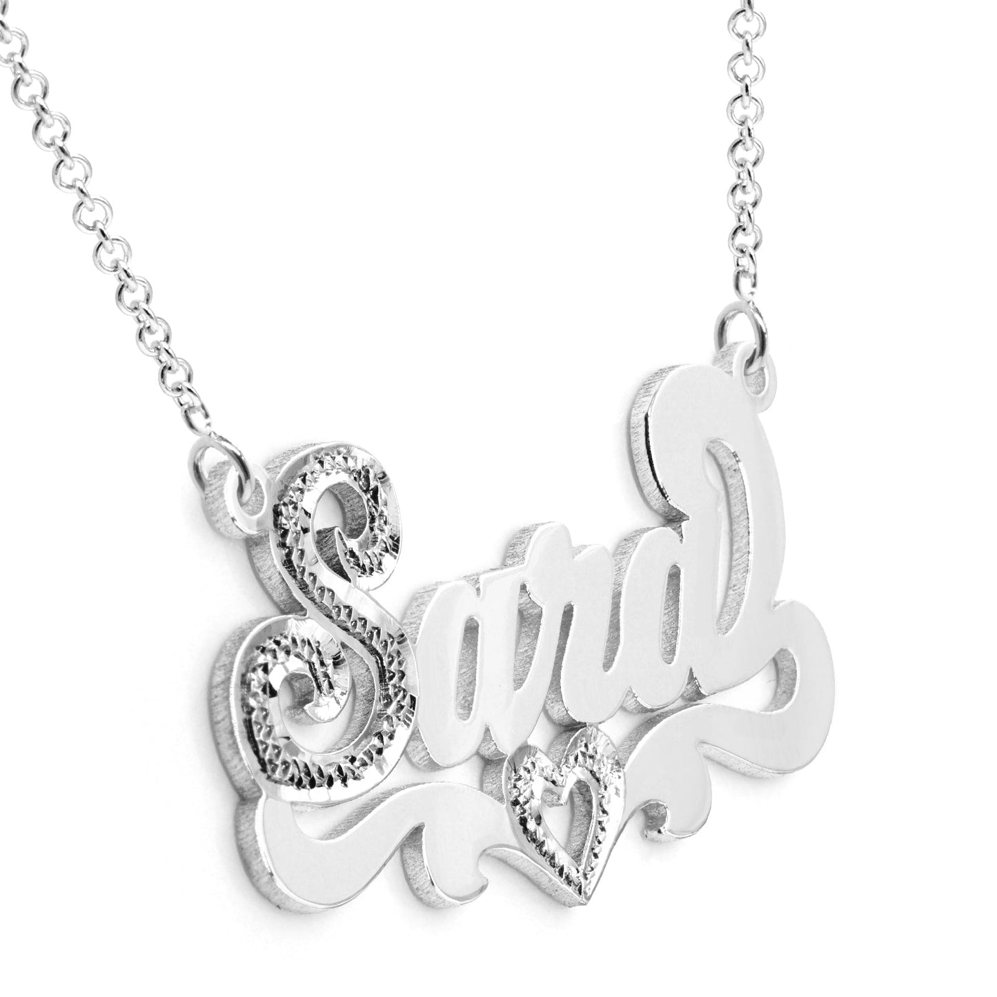Custom Sterling Silver Nameplate Necklace with Heart First Letter and Heart in Rhodium Sparkle