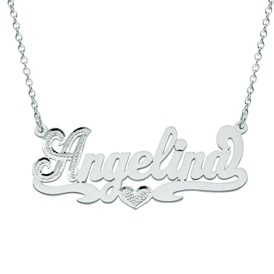 Heart Nameplate in High Polished Sterling Silver with Rhodium Sparkles