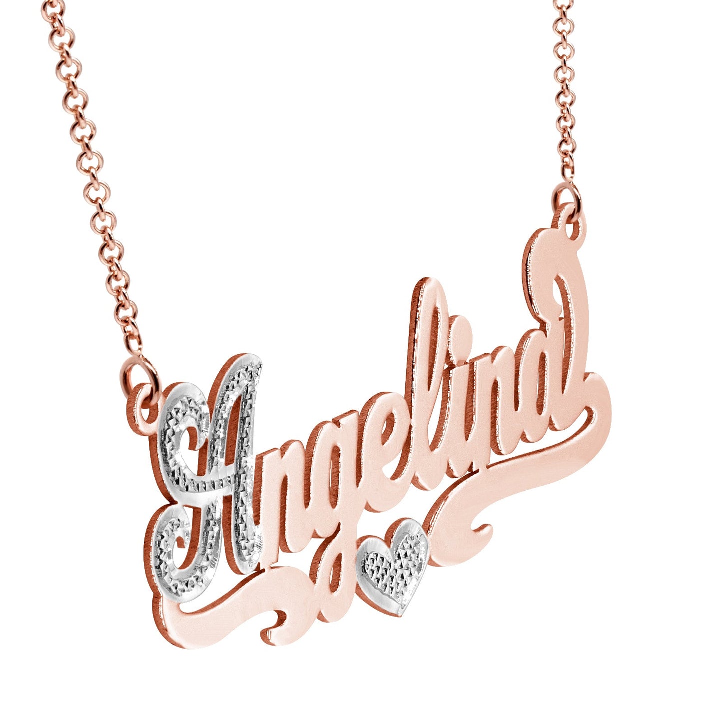 Heart Nameplate in High Polished Sterling Silver with Rhodium Sparkles