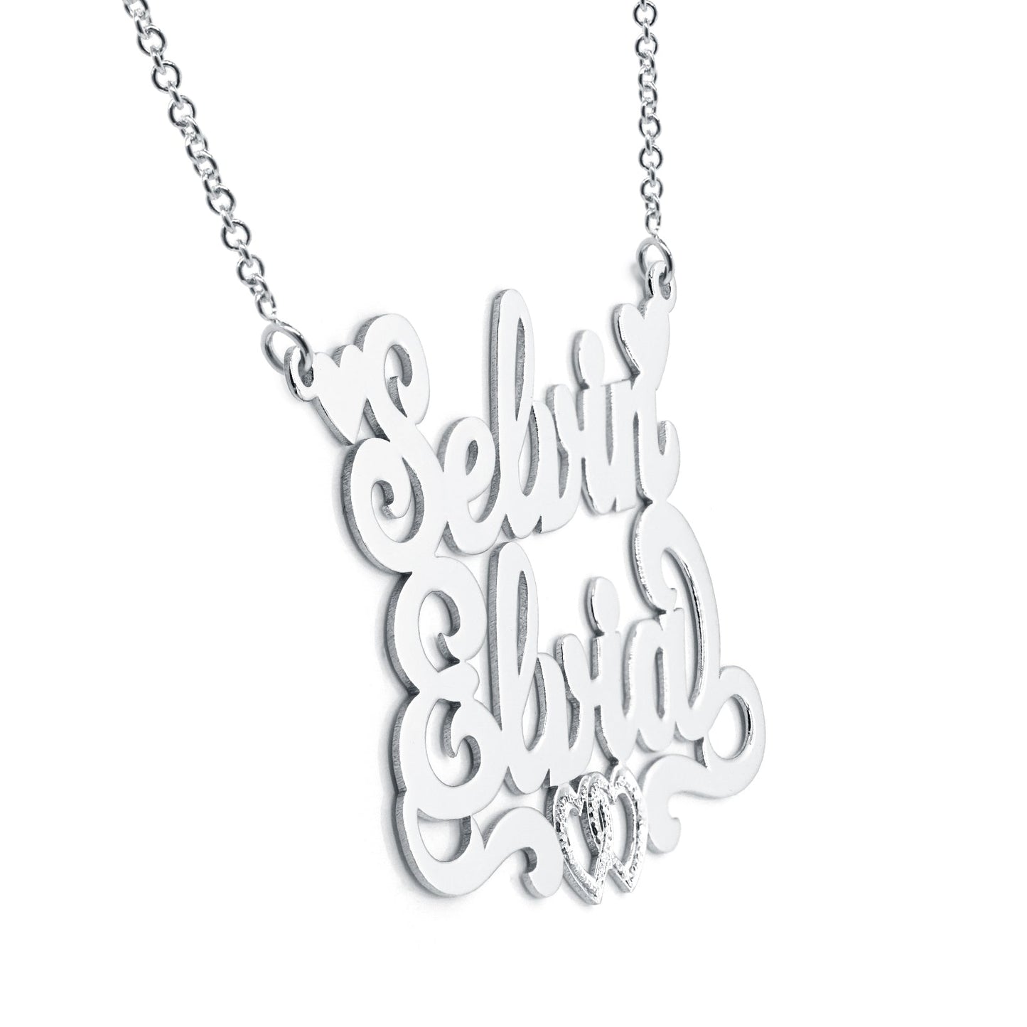 Personalized 2 Name Nameplate Necklace with Hearts in Solid Sterling Silver