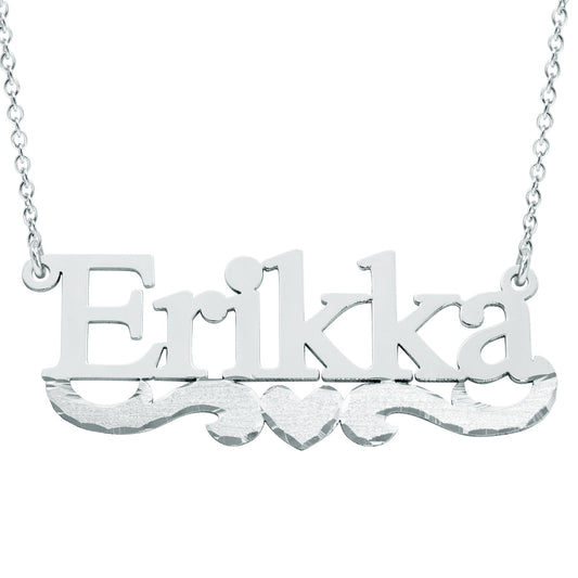Custom Nameplate in Sterling Silver with Heart and Flourish in Florentine Finish