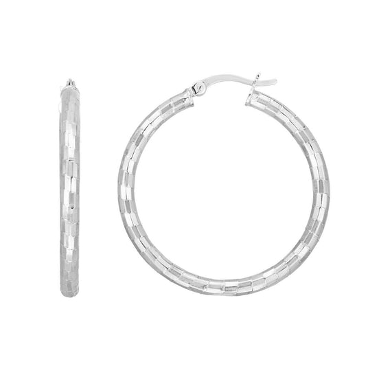 Sterling Silver 30mm Disco Diamond Cut Hoop Earring with Hinge Closure