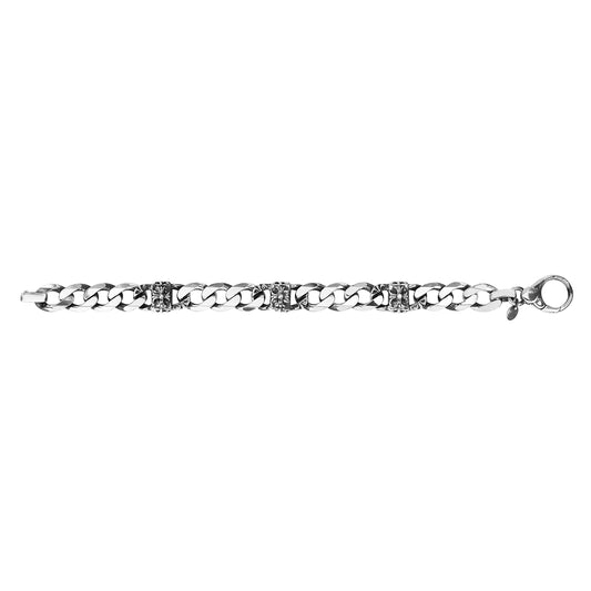 Men's Sterling Silver Gunmetal Miami Cuban Fleur de Li Station Bracelet with Lobster Clasp