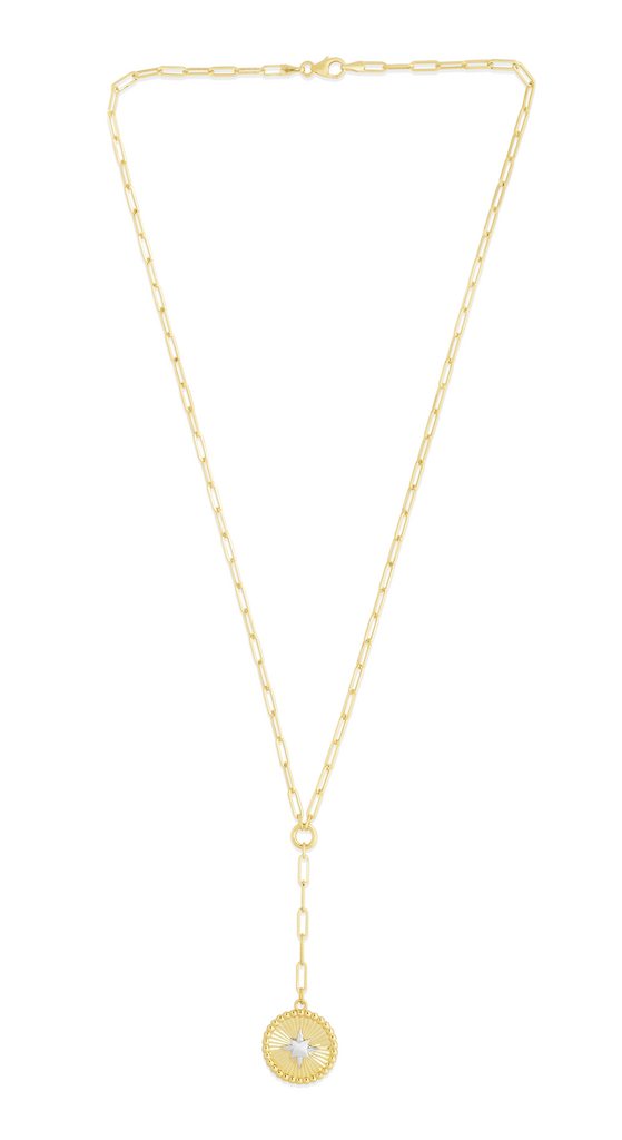 14K Gold Star Two-tone Medallion Lariat Necklace on Paperclip Chain with Lobster Clasp