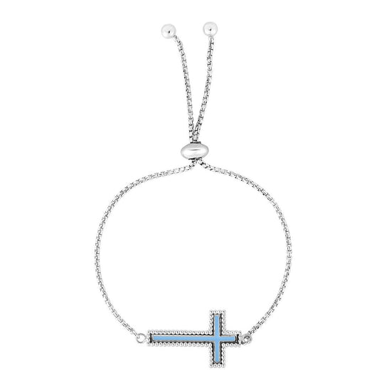 Sterling Silver Enamel Side Cross Friendship Bracelet with Drawstring Clasp