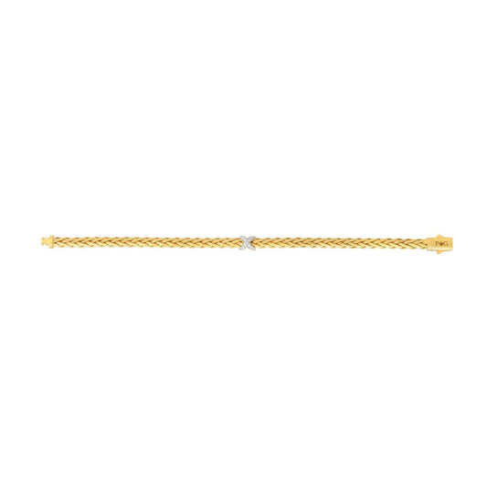 14K Gold and White Diamonds on Diamond Cut Woven Bracelet with Box Clasp