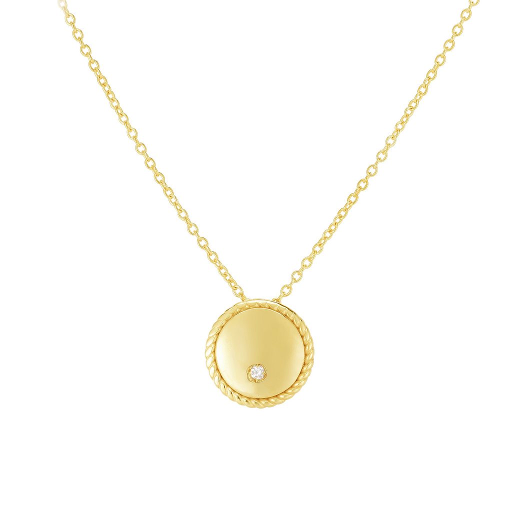 Polished 14K Gold and Diamond Round Pendant Charm Necklace with Lobster Clasp