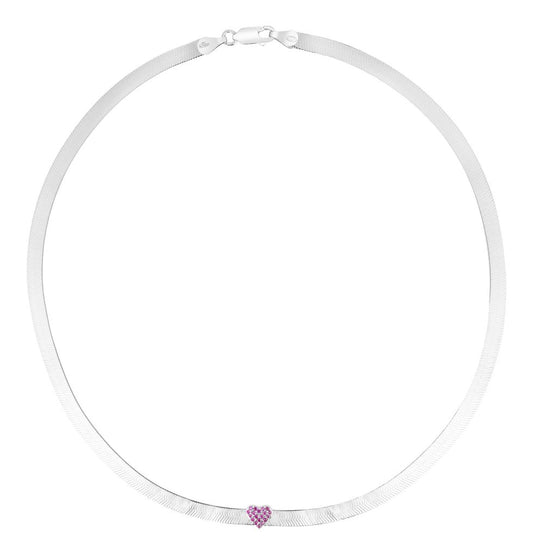 Sterling Silver Pink CZ Heart Herringbone Necklace with Lobster Clasp