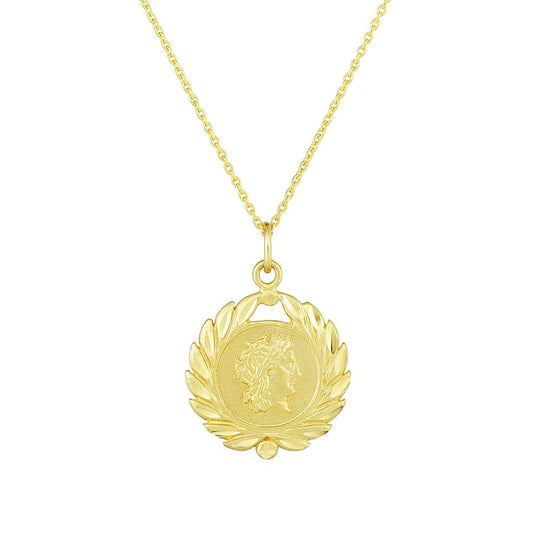 14K Gold Roman Coin & Laurel Leaf Charm Pendant Necklace