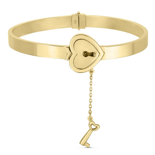 14K Yellow Gold Heart Lock & Hanging Key Charm Bangle with Box Clasp