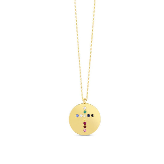 14K Gold and Gemstone Inlay Rainbow Cross Disc Medallion Necklace