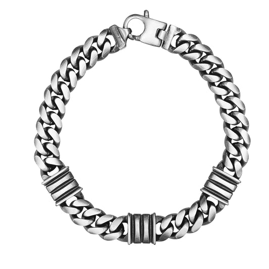 Men's Sterling Silver Gunmetal Triple Bar Station Bracelet with Lobster Clasp