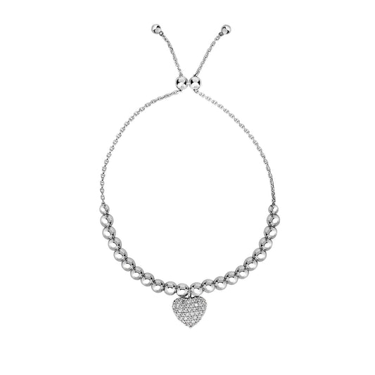 Sterling Silver Heart Bead CZ Charm Friendship Bracelet