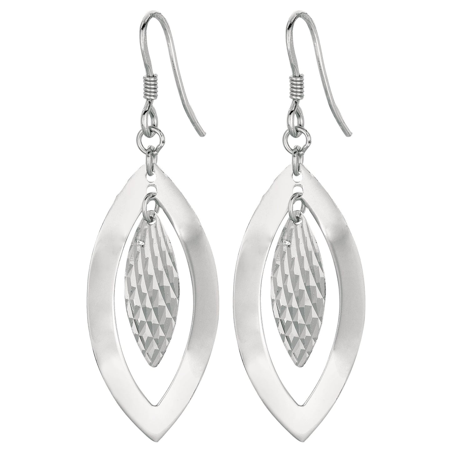 Sterling Silver Diamond Cut & Polished Marquise Disc Dangle Earring