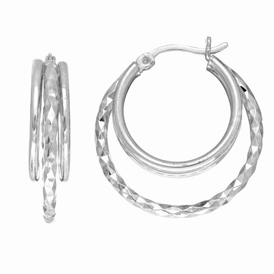 Sterling Silver Three Row Diamond Cut and Polished Hoop Earring