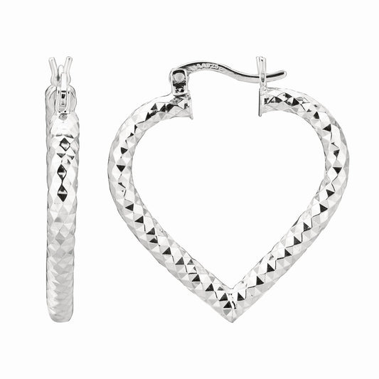 Sterling Silver Diamond Cut Heart Hoop Earring