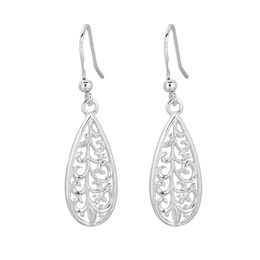 Sterling Silver Polished Filigree Pear Drop Earring