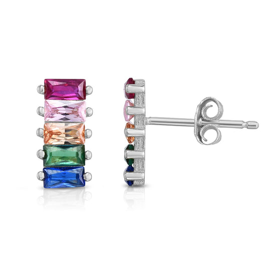 Sterling Silver Rainbow CZ Baguette Bar Stud Earring with Push Back Clasp