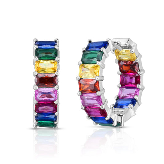 Sterling Silver Rainbow CZ Baguette Inside Outside Hoop Earrings with Hinged Clasp