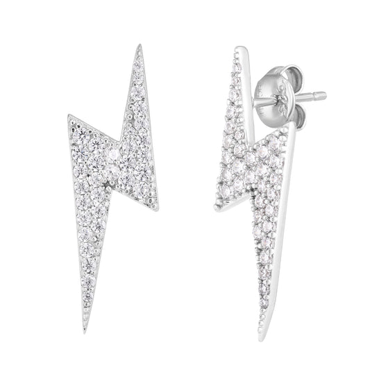 Sterling Silver CZ Lightning Bolt Studs with Push Back Closure