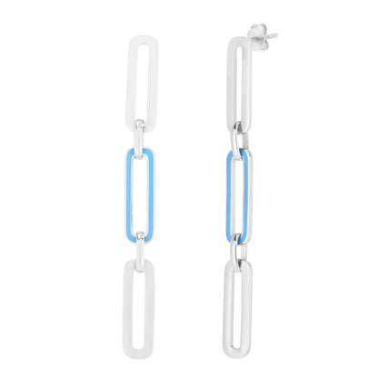 Silver Blue Enamel Paperclip Drop Earrings