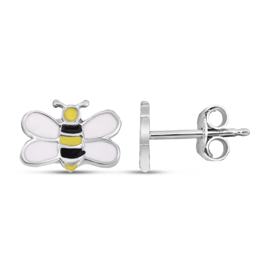 Sterling Silver Polished Enamel Bumble Bee Studs with Push Back Closure.