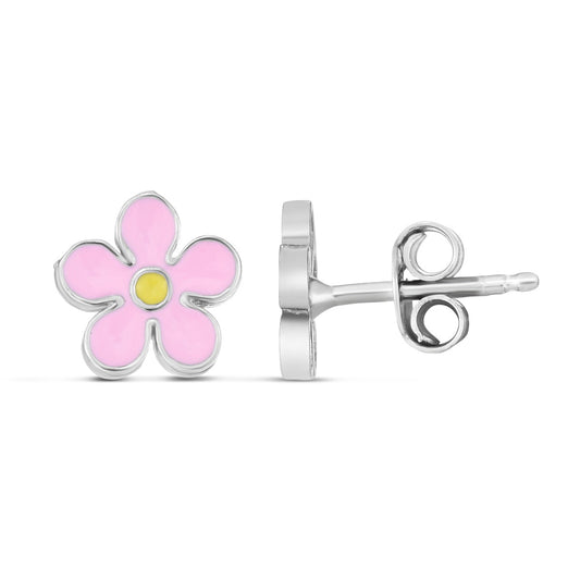 Sterling Silver Polished Enamel Pink Flower Studs with Push Back Closure.