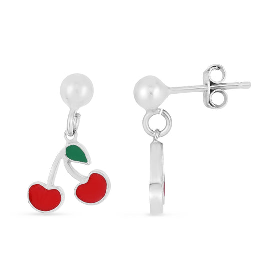 Sterling Silver Polished Enamel Cherry Drop Earrings with Push Back Closure