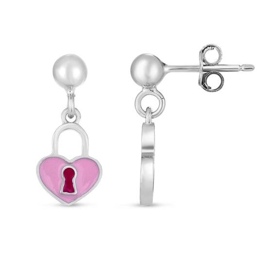 Sterling Silver Polished Enamel Padlock Drop Earrings with Push Back Closure