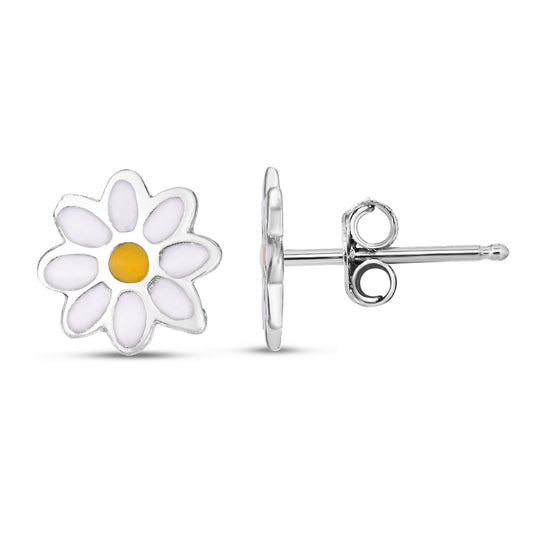 Sterling Silver Polished Enamel Daisy Studs with Push Back Closure.