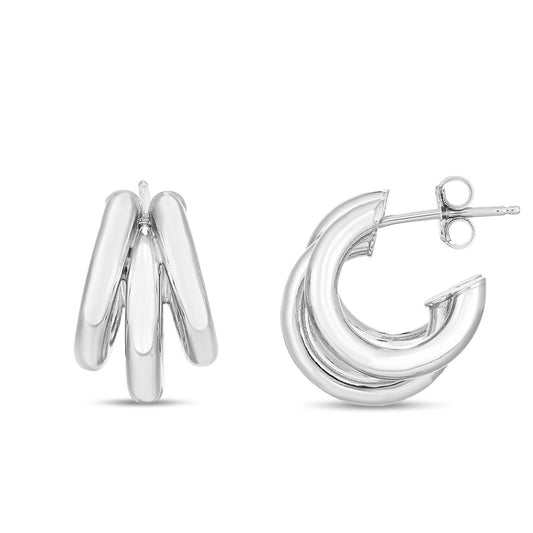 Sterling Silver Polished Triple Barrelled Hoops with Push Back closure