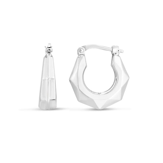 Sterling Silver Polished Puffed Hexagon Hoops with Hinged closure.