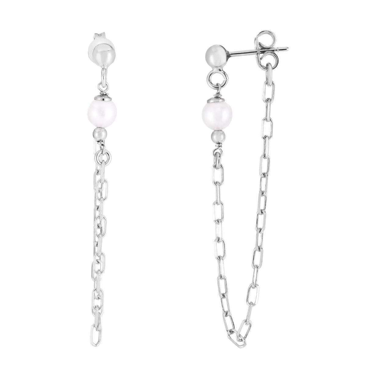 Sterling Silver Polished Pearl Chain Front-to-Back Earrings with Push Back closure