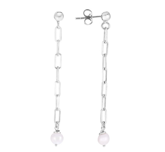 Sterling Silver Polished Pearl Chain Straight Drop Earrings with Push Back closure