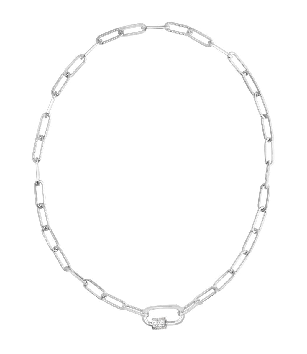 Sterling Silver White CZ Carabiner Open Links Necklace