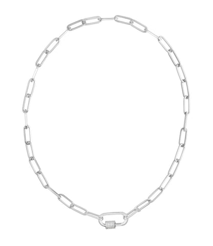 Sterling Silver White CZ Carabiner Open Links Necklace