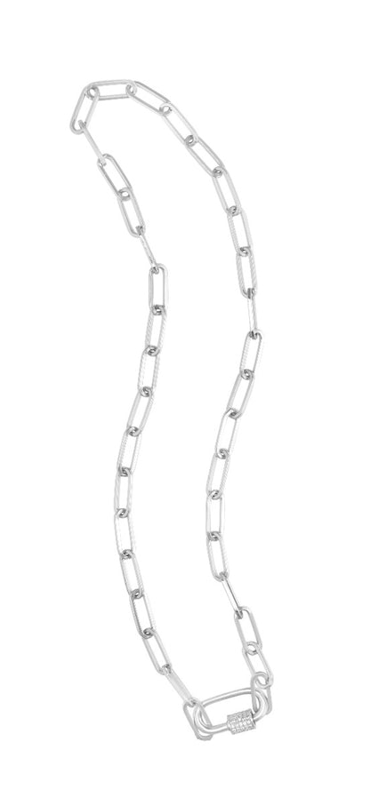 Sterling Silver White CZ Carabiner Open Links Necklace