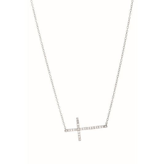 Sterling Silver and CZ Side Cross Necklace