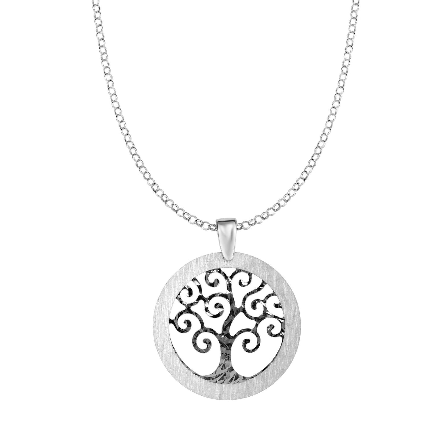 Sterling Silver Matte Border Tree of Life Pendant Charm Necklace