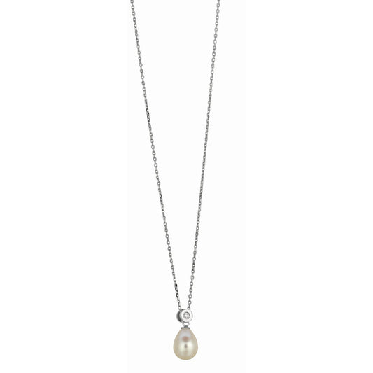 Sterling Silver Freshwater Pearl and Bezel Set CZ Necklace