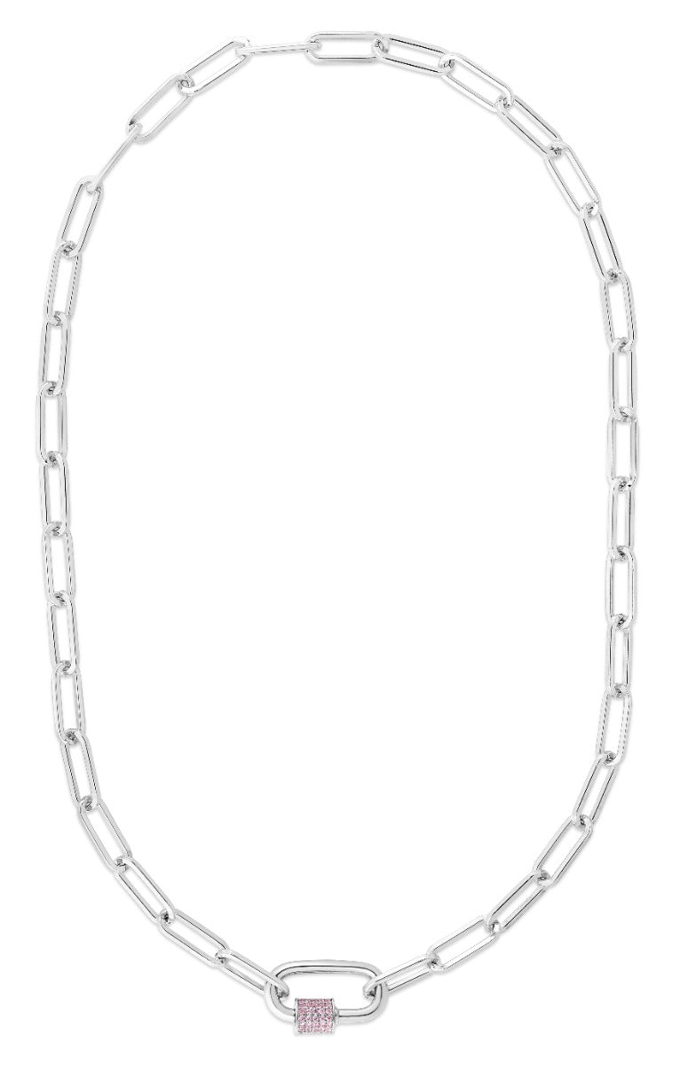 Sterling Silver White CZ Carabiner Open Links Necklace