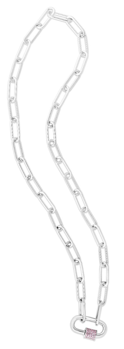 Sterling Silver White CZ Carabiner Open Links Necklace